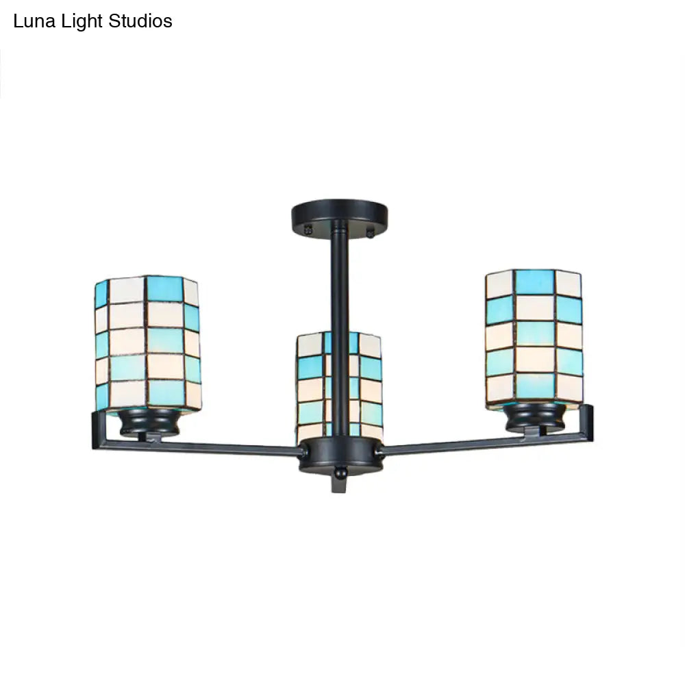 DecorBites™ DecorBites™ Black/White Stained Glass Semi Mount Cylinder Ceiling Light - 3/6/8 Lights - Baroque Style