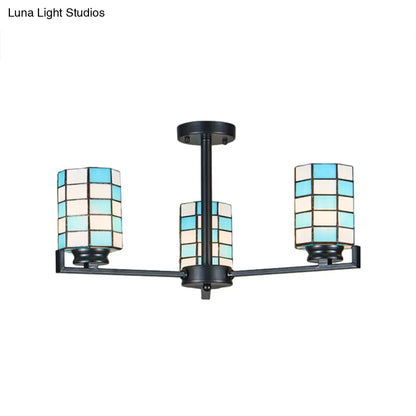 DecorBites™ DecorBites™ Black/White Stained Glass Semi Mount Cylinder Ceiling Light - 3/6/8 Lights - Baroque Style