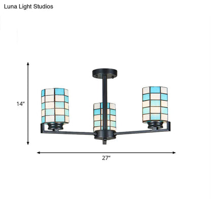 DecorBites™ DecorBites™ Black/White Stained Glass Semi Mount Cylinder Ceiling Light - 3/6/8 Lights - Baroque Style