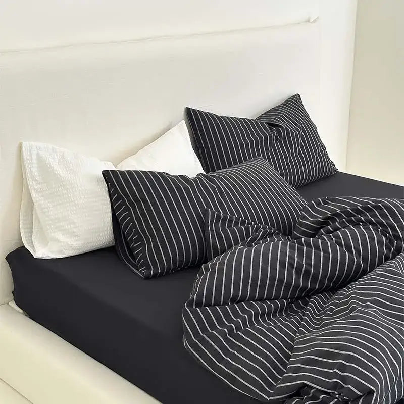 Black and white striped cotton duvet cover set with soft textured fabric for bedroom bedding use