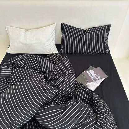 Black and white striped cotton duvet cover set with textured cozy fabric for bedroom bedding