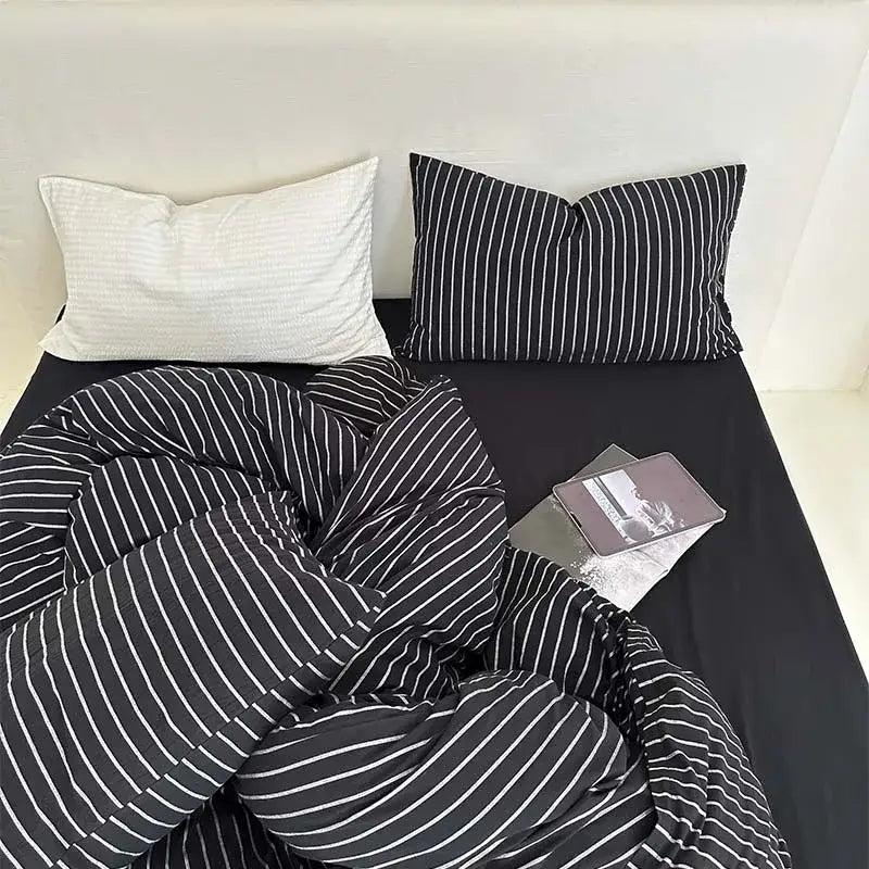 Black and white striped cotton duvet cover set with textured cozy fabric for bedroom bedding