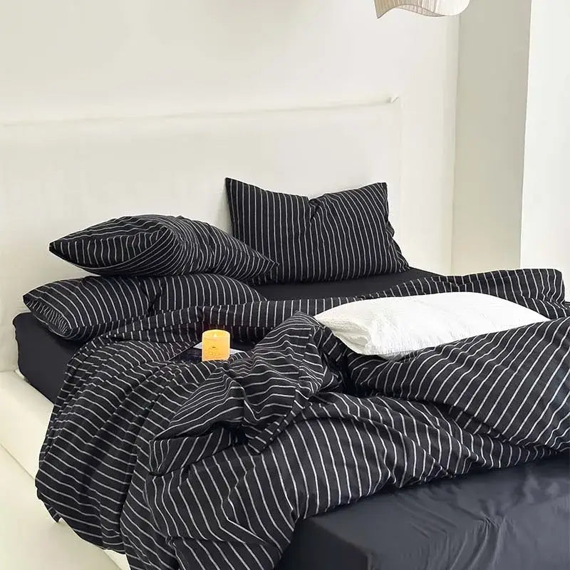 Black and white striped cotton duvet cover set with matching pillowcases and comforter for bedroom bedding
