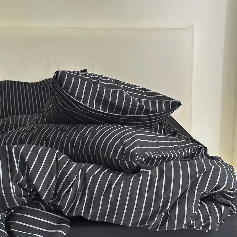 Black and white striped cotton duvet cover set with soft textured fabric for bedroom bedding use