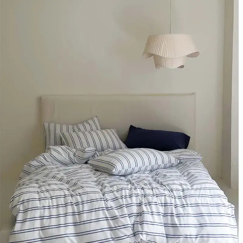 White and navy blue striped cotton duvet cover set with soft quilted texture for bedroom bedding cover set
