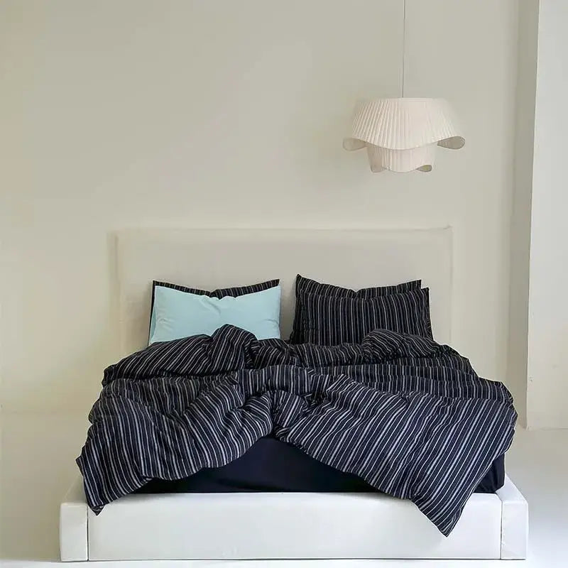Navy blue and white striped cotton duvet cover set with matching pillowcases for bedroom bedding use