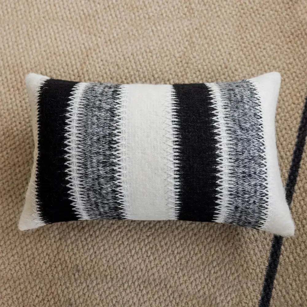 Rectangular black white gray striped knitted crochet cushion cover with textured zigzag design for living room decorbites decor