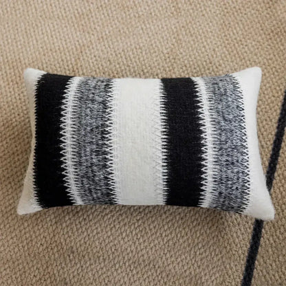 Rectangular black white gray striped knitted crochet cushion cover with textured zigzag design for living room decorbites decor