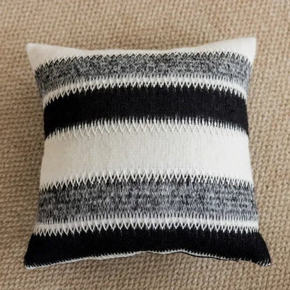 Black and white striped knitted crochet cushion cover in knit fabric with zigzag stitch detail for living room decorbites