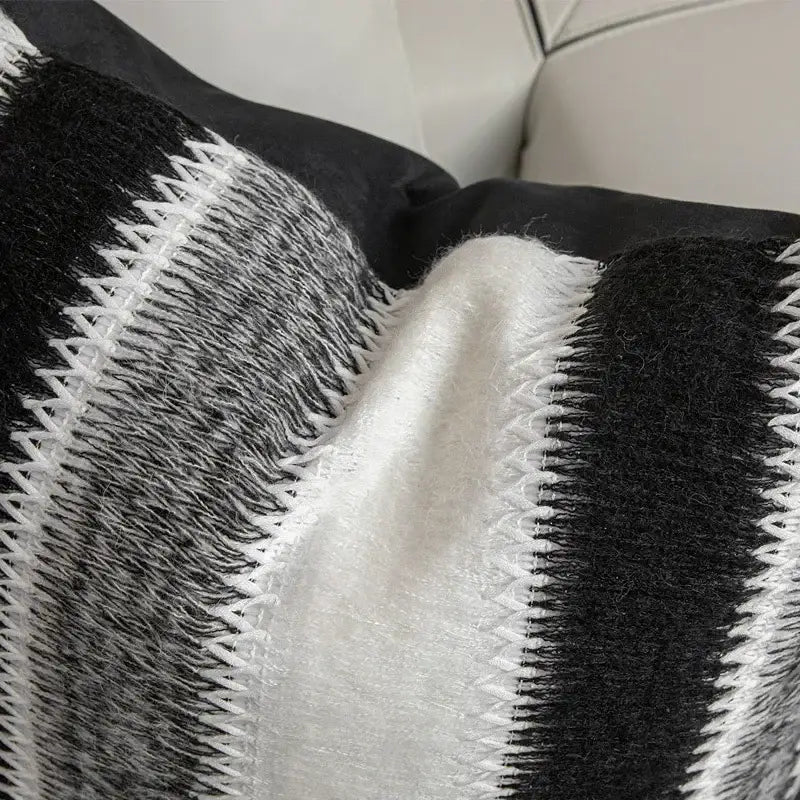 Black and white striped knitted crochet cushion cover with soft fuzzy texture for living room decorbites knit decor