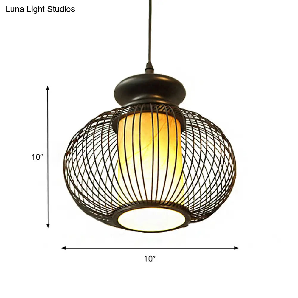 Black/Wood Bamboo Urn Pendant Light Fixture for Bedroom - 10"/12" Wide