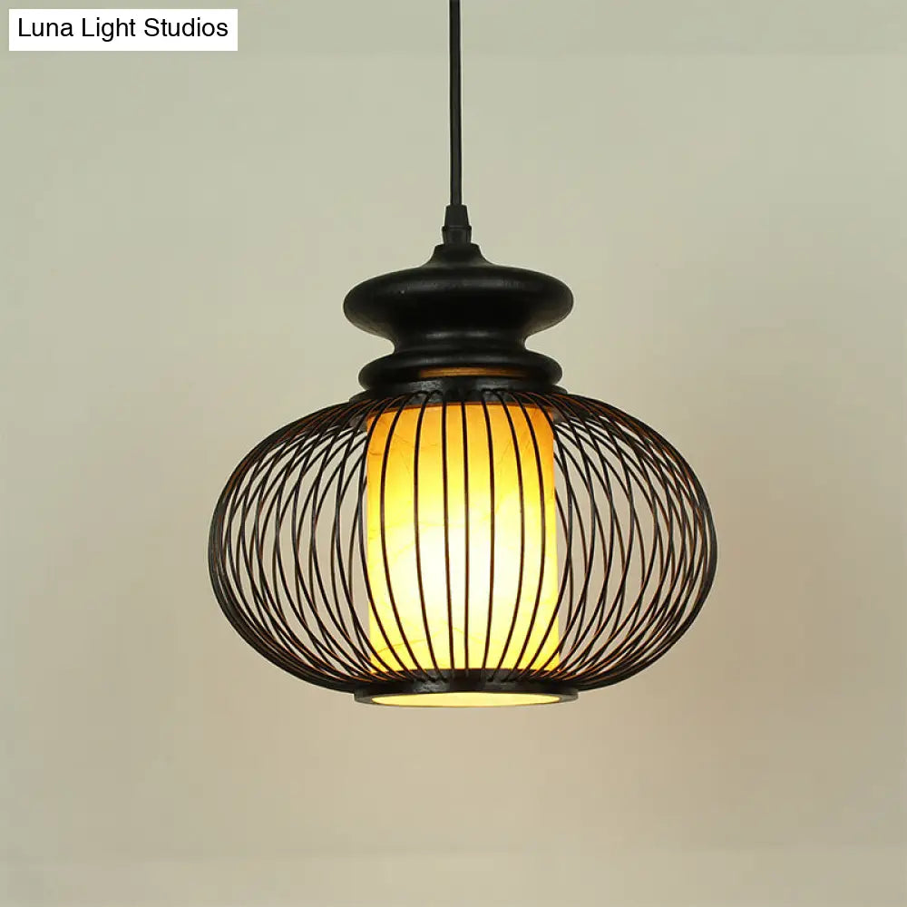 Black/Wood Bamboo Urn Pendant Light Fixture for Bedroom - 10"/12" Wide