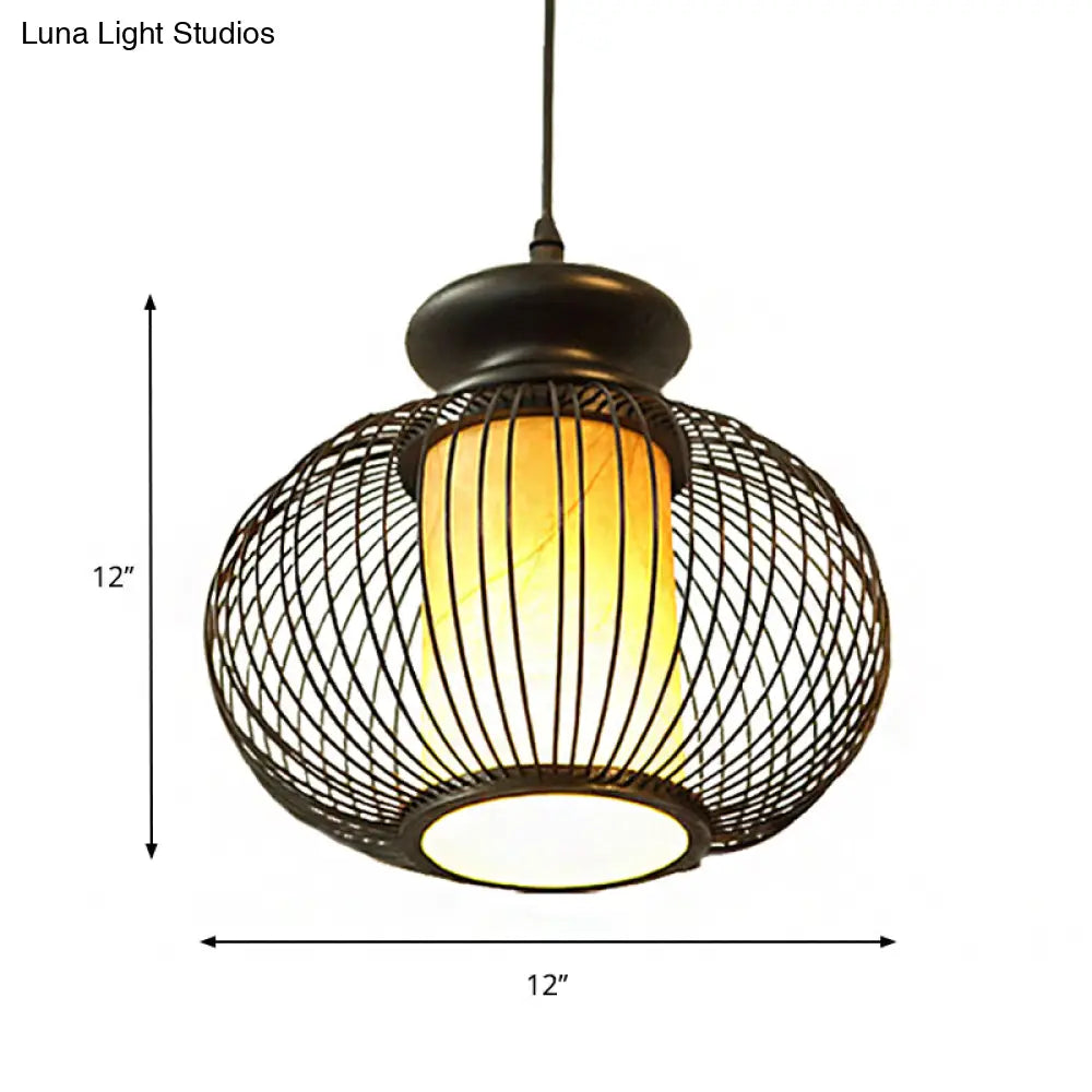 Black/Wood Bamboo Urn Pendant Light Fixture for Bedroom - 10"/12" Wide