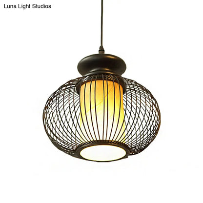 Black/Wood Bamboo Urn Pendant Light Fixture for Bedroom - 10"/12" Wide