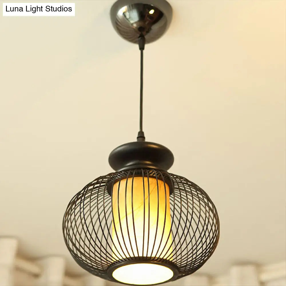 Black/Wood Bamboo Urn Pendant Light Fixture for Bedroom - 10"/12" Wide