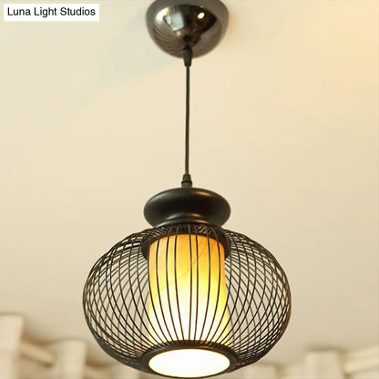 Black/Wood Bamboo Urn Pendant Light Fixture for Bedroom - 10"/12" Wide