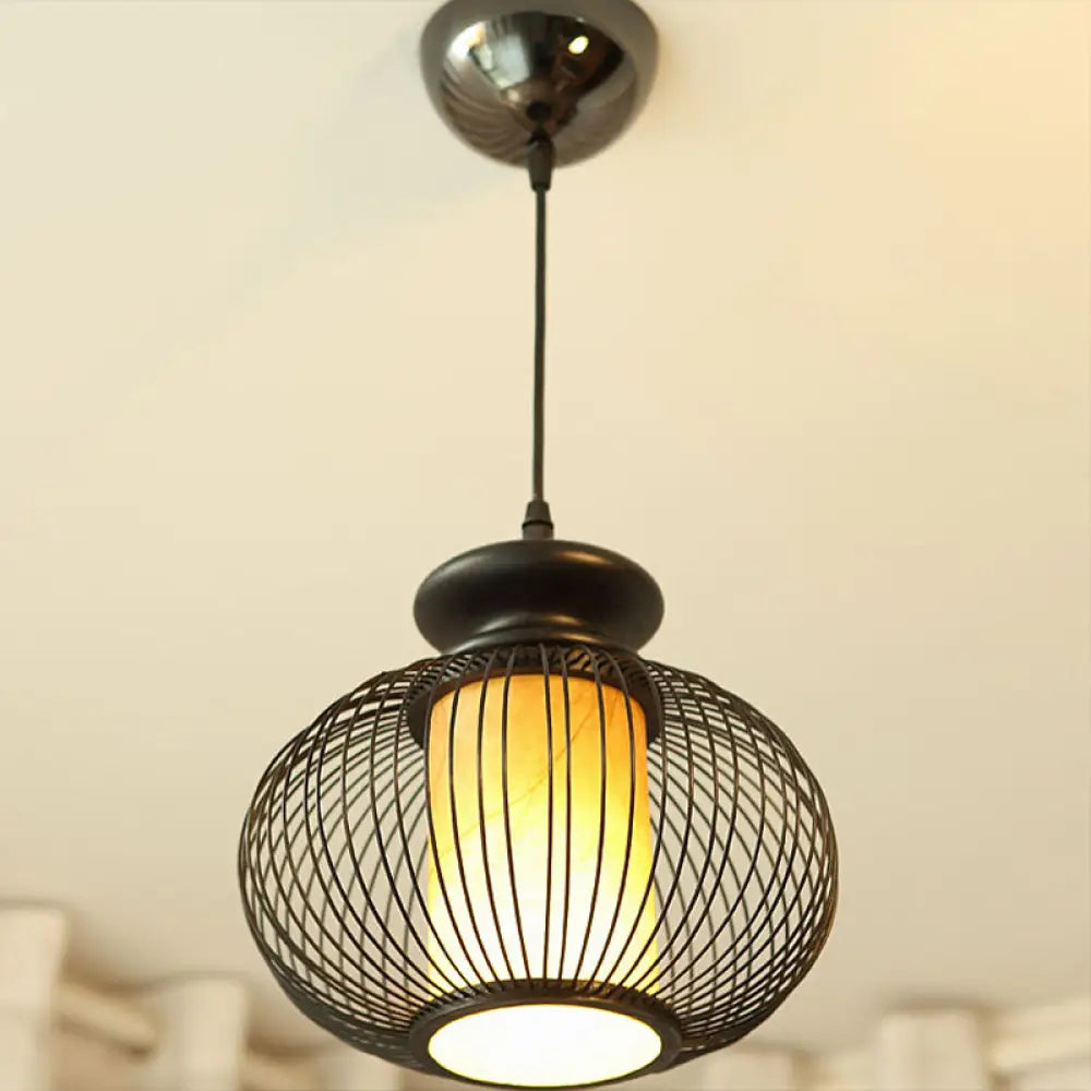 Black/Wood Bamboo Urn Pendant Light Fixture for Bedroom - 10"/12" Wide