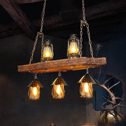 ديكوربايتس™ مصباح سقف خشبي أسود على شكل جزيرة مع 5 مصابيح وغطاء زجاجي شفاف - مثالي للمطاعم والمستودعات