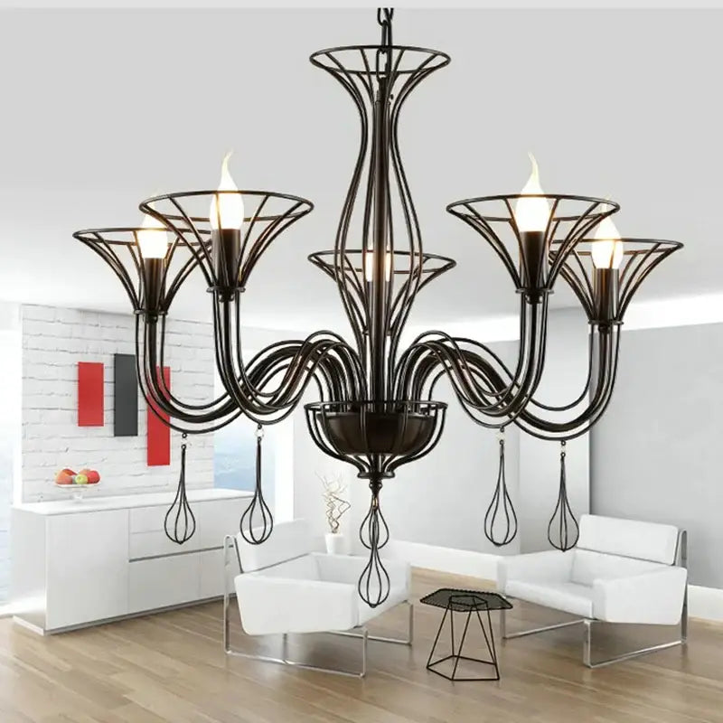 Black wrought iron chandelier with five flame-shaped lamps and teardrop pendants for dining room decorbites black wrought
