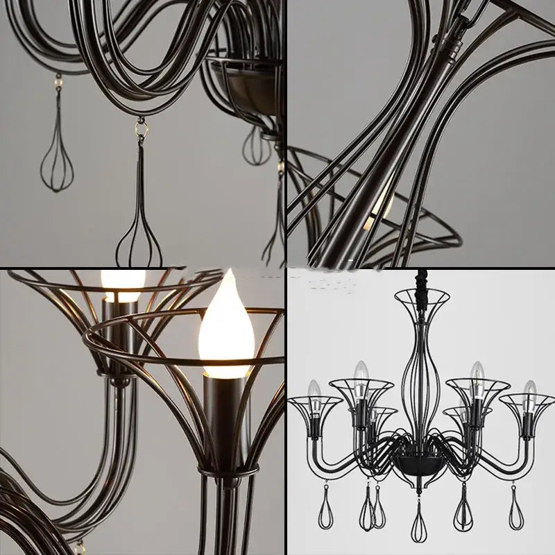 Black wrought iron chandelier with intricate wire design and whisk-shaped crystal accents for dining room decorbites black wrought