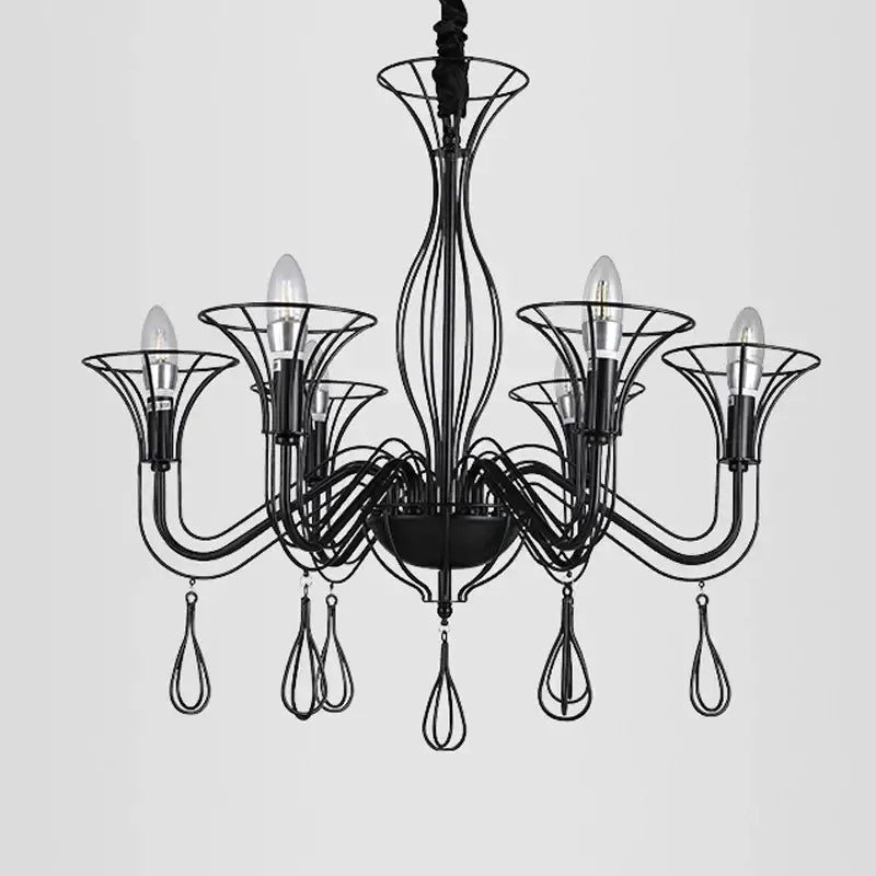 Black wrought iron chandelier with six curved arms and teardrop pendants ideal for dining room decorbites black wrought