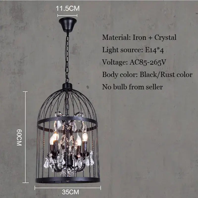 Black wrought iron bird cage chandelier with crystal droplets and four e14 light sockets for dining room decorbites crystal bird