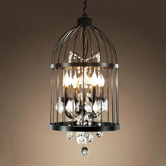 Black wrought iron crystal bird cage chandelier with candle-style bulbs and crystal droplets for dining room decorbites bird cage