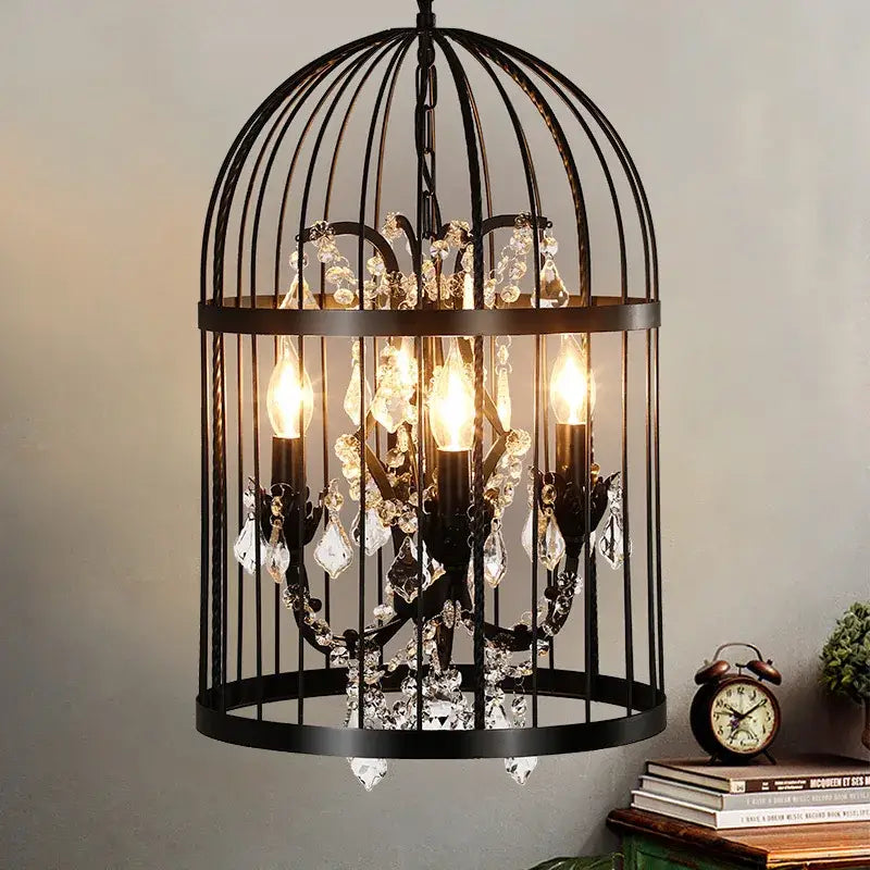 Black wrought iron bird cage chandelier with crystal droplets and exposed bulbs for dining room decorbites crystal bird cage