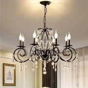 Black wrought iron crystal candle chandelier with crystal droplets and candle-style bulbs for living room lighting decorbites crystal candle