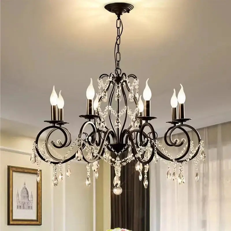 Black wrought iron crystal candle chandelier with crystal droplets and candle-style bulbs for living room lighting decorbites crystal candle