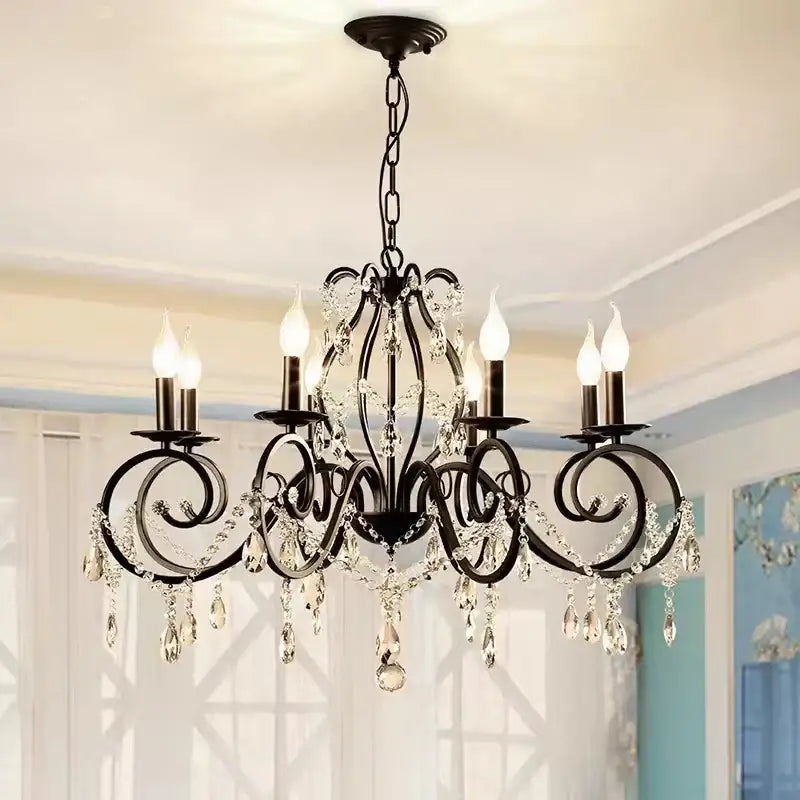 Black wrought iron crystal candle chandelier with crystal droplets and candle-style bulbs for living room decorbites crystal candle lighting
