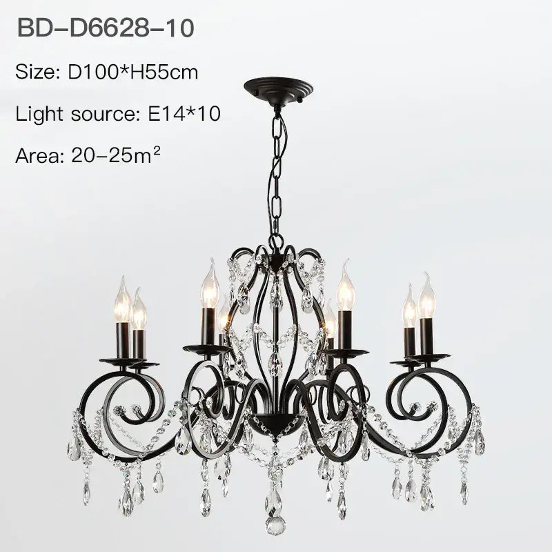 Black wrought iron crystal candle chandelier with crystal droplets and candle-style bulbs for living room lighting decorbites crystal candle