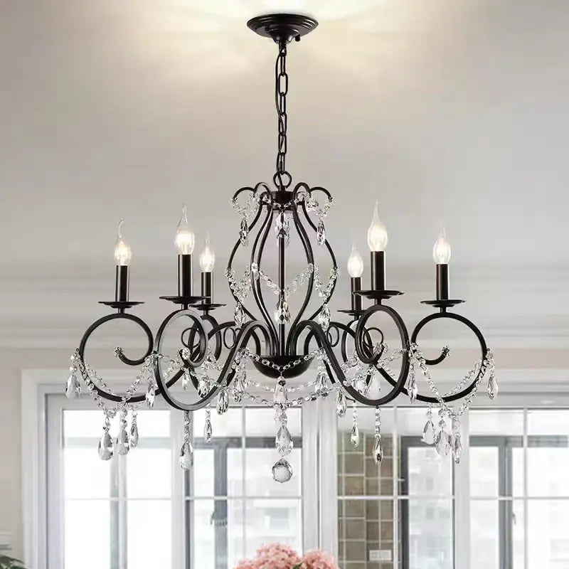 Black wrought iron crystal candle chandelier with crystal droplets and candle style bulbs for living room lighting decorbites crystal candle