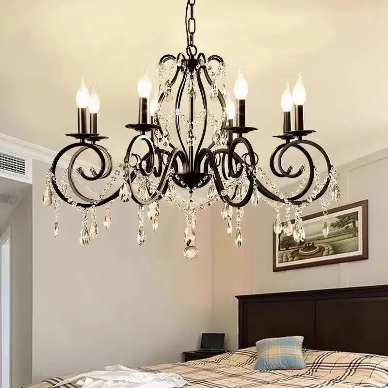 Black wrought iron crystal candle chandelier with crystal droplets and candle-style bulbs for living room lighting decorbites crystal candle