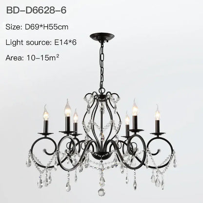 Black wrought iron crystal candle chandelier with candle-style bulbs for elegant living room lighting decorbites crystal candle