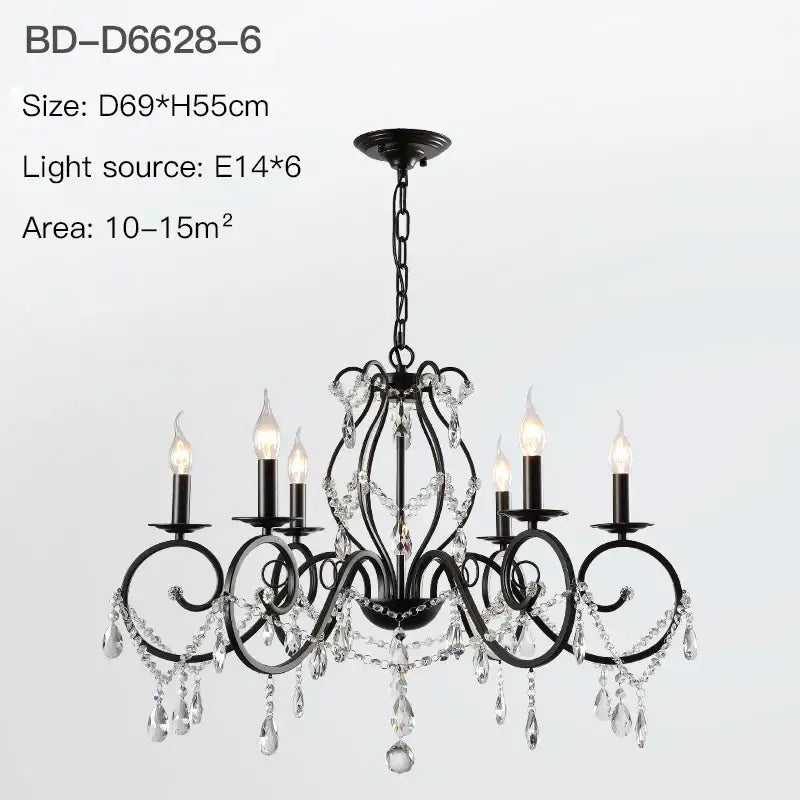 Black wrought iron crystal candle chandelier with candle-style bulbs for elegant living room lighting decorbites crystal candle