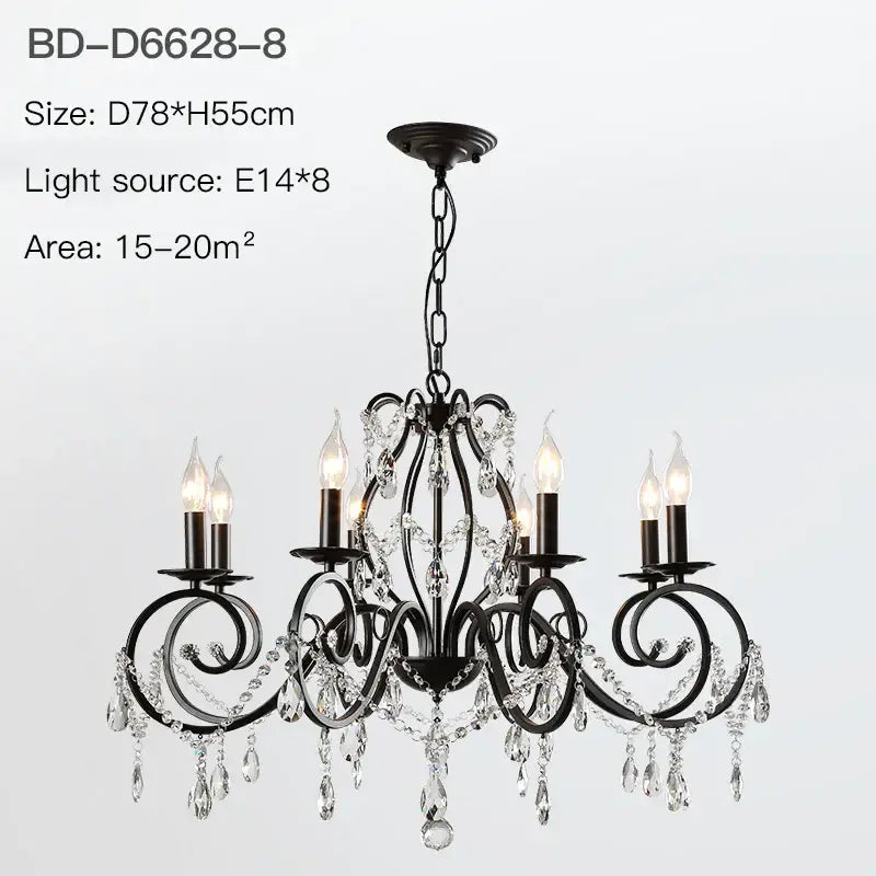 Black wrought iron crystal candle chandelier with crystal droplets and candle style bulbs for living room lighting decorbites crystal candle