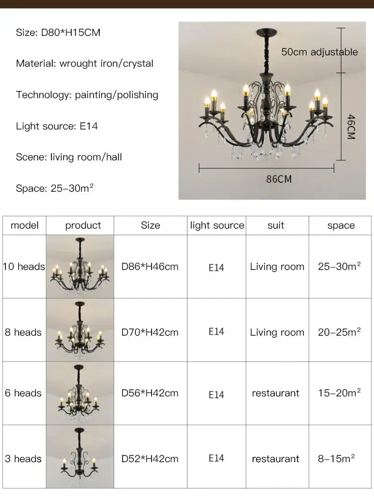 Black wrought iron crystal chandelier with adjustable height for dining room featuring elegant wrought iron design