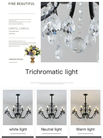 Black wrought iron chandelier with faceted crystal droplets designed for elegant dining room lighting