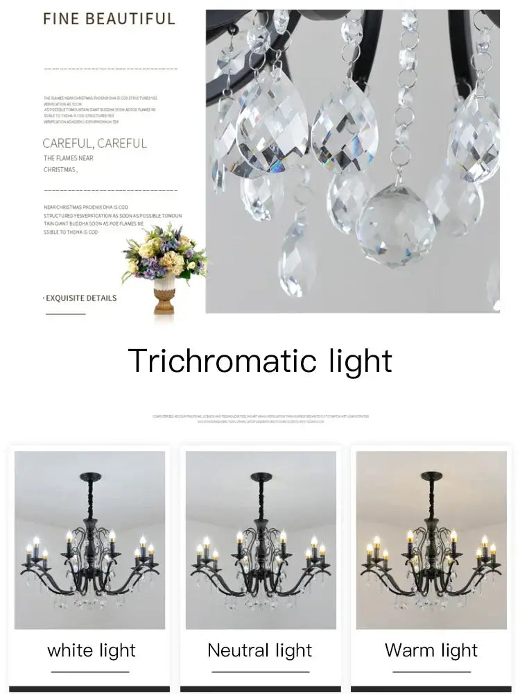 Black wrought iron chandelier with faceted crystal droplets designed for elegant dining room lighting