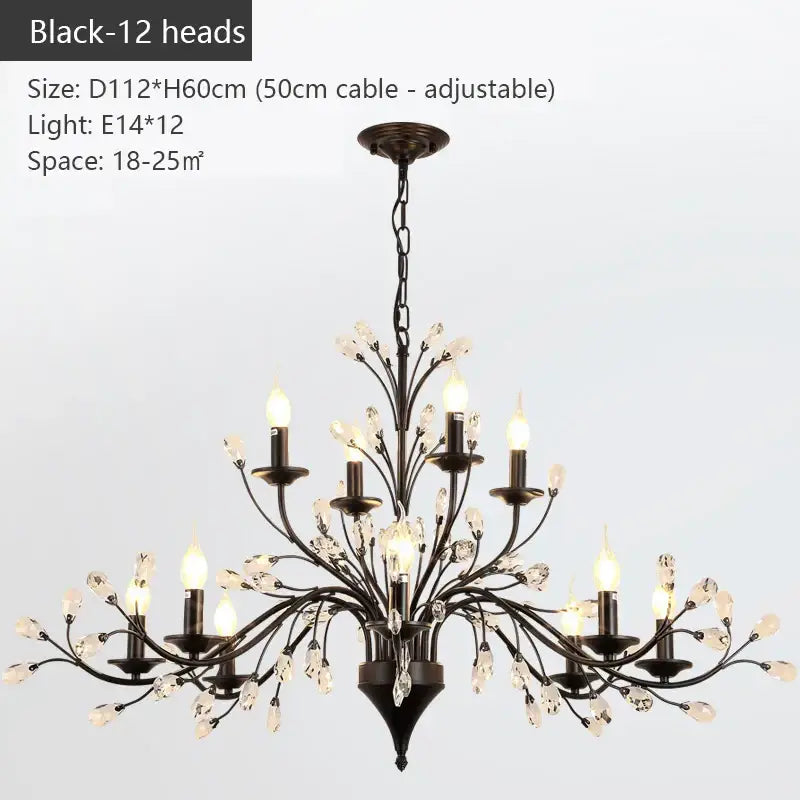 Black wrought iron crystal led chandelier with 12 candle-style lights for dining room decorbites crystal led lighting