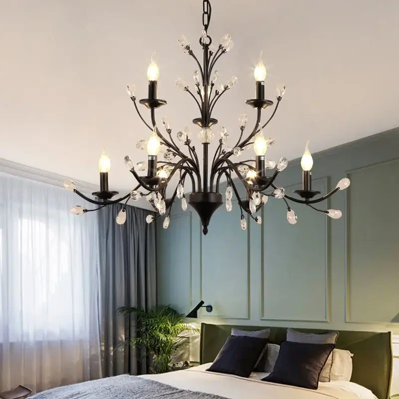 Black wrought iron crystal led chandelier with candle-style bulbs for dining room decorbites crystal led light