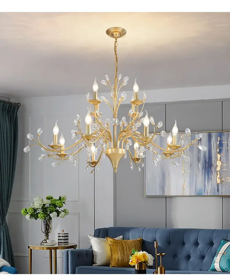 Gold-toned decorbites crystal led chandelier with crystal accents and candle-style bulbs for dining room lighting