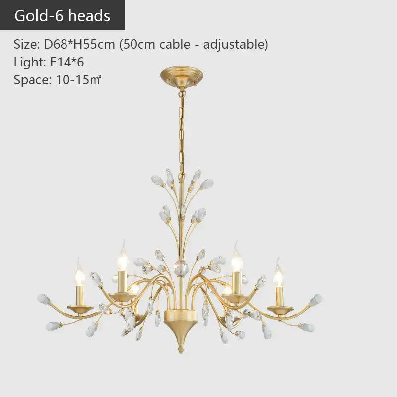 Gold chandelier with six candle-style lights and crystal accents for dining room decorbites crystal led chandelier