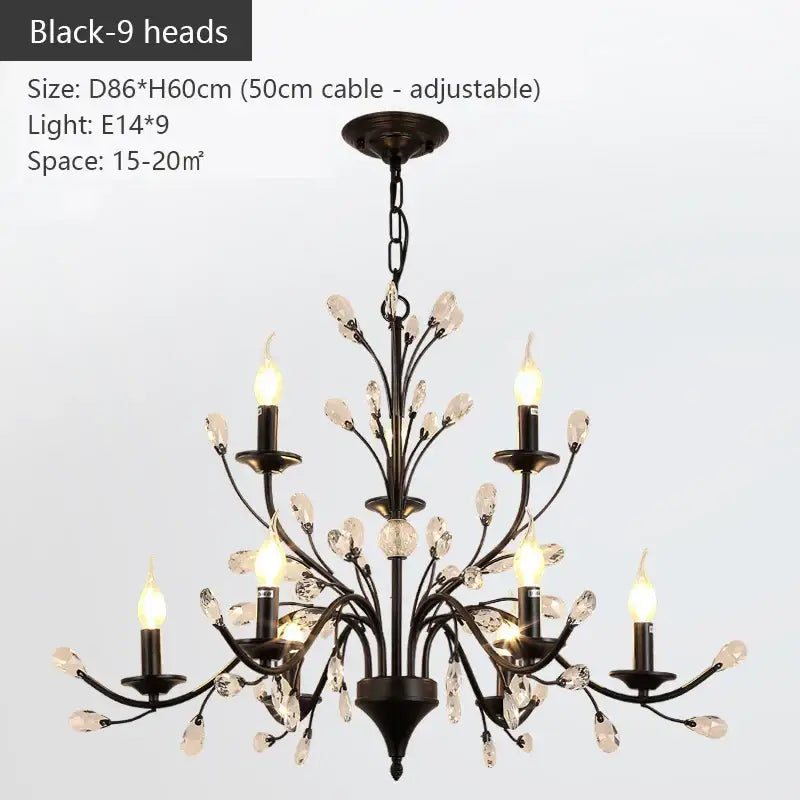 Black wrought iron crystal led chandelier with nine candle-style lights and clear crystal droplets for dining decorbites crystal led