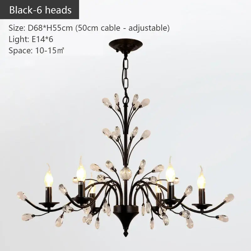 Black wrought iron crystal led chandelier with six candle lights and teardrop accents for dining room decorbites crystal led