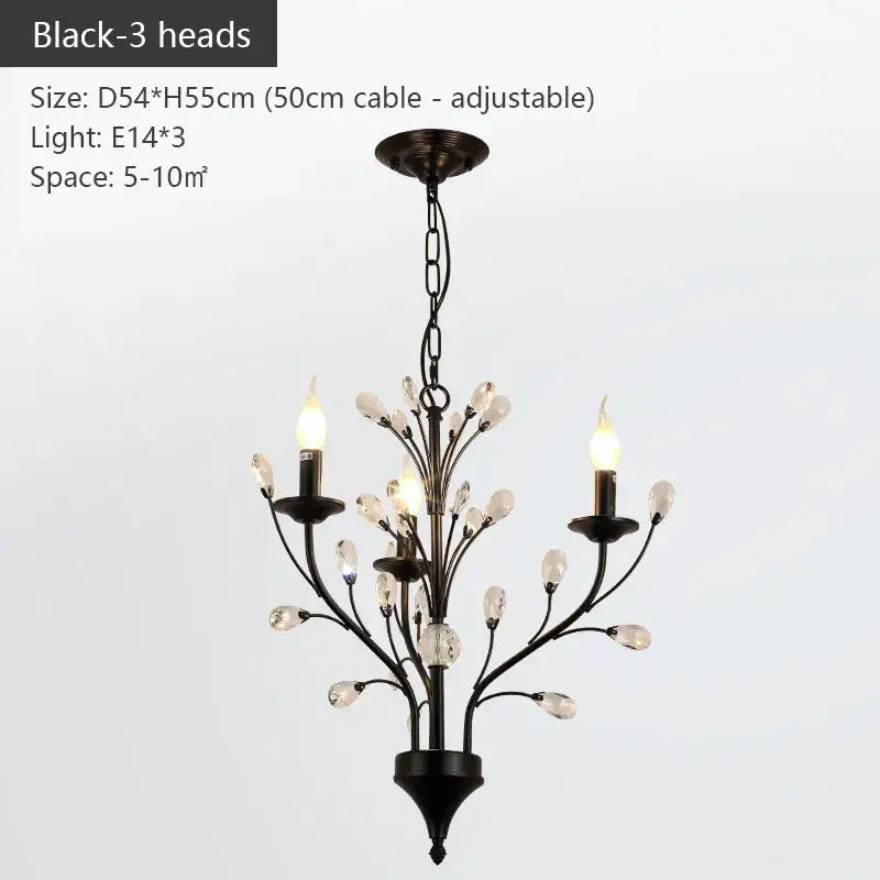 Black wrought iron crystal led chandelier with three candle-style lights and clear crystal accents for dining room decorbites crystal led