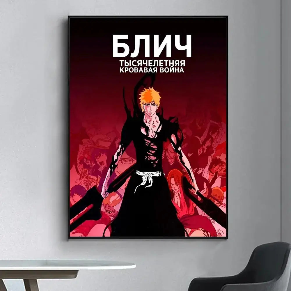 Black-framed bleach anime poster featuring spiky orange hair character in black outfit for vintage living room decor wall sticker