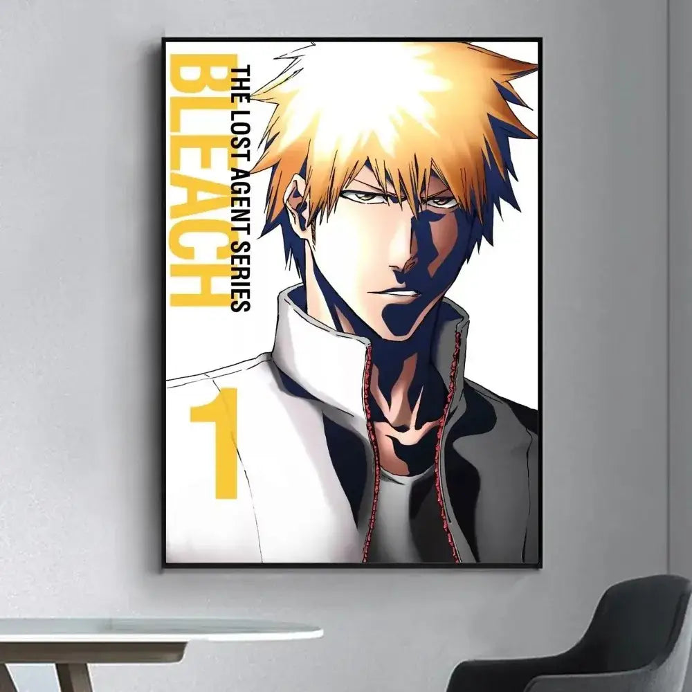 Black-framed bleach poster featuring a spiky blonde anime character in white jacket for living room wall sticker decor