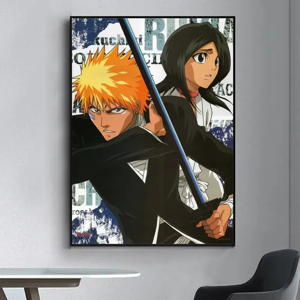 Black-framed bleach poster featuring ichigo kurosaki and rukia kuchiki with vibrant orange hair for living room wall sticker decor